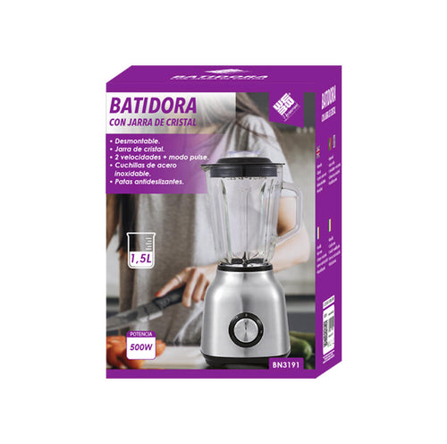 Batidora Licuadora de vaso 500W cristal 1.5L acero inoxidable